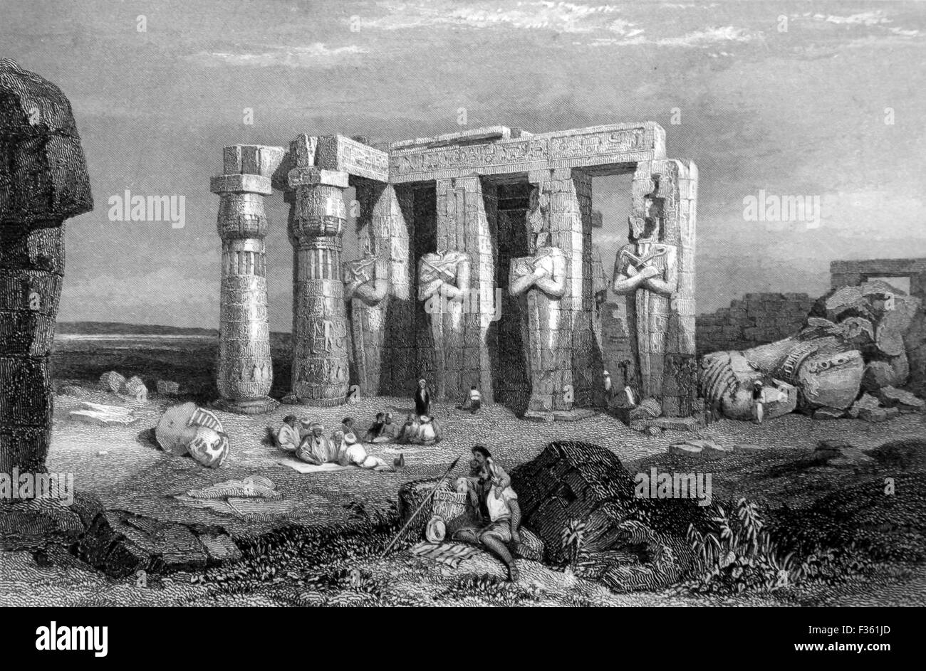 The Temple of the Broken Statue of Memnon, Thebes; Black and White Illustration from Landscapes of the Bible Stock Photo