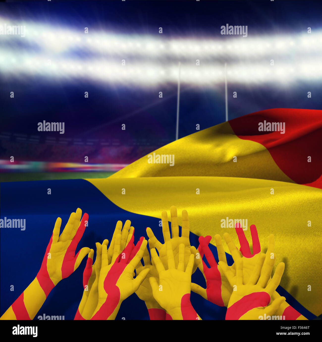 Composite image of people raising hands in the air Stock Photo - Alamy
