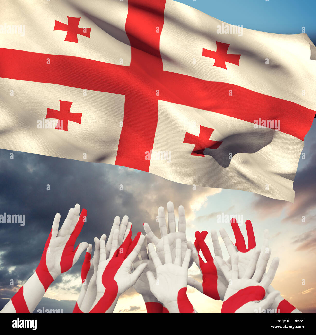 Composite image of people raising hands in the air Stock Photo - Alamy
