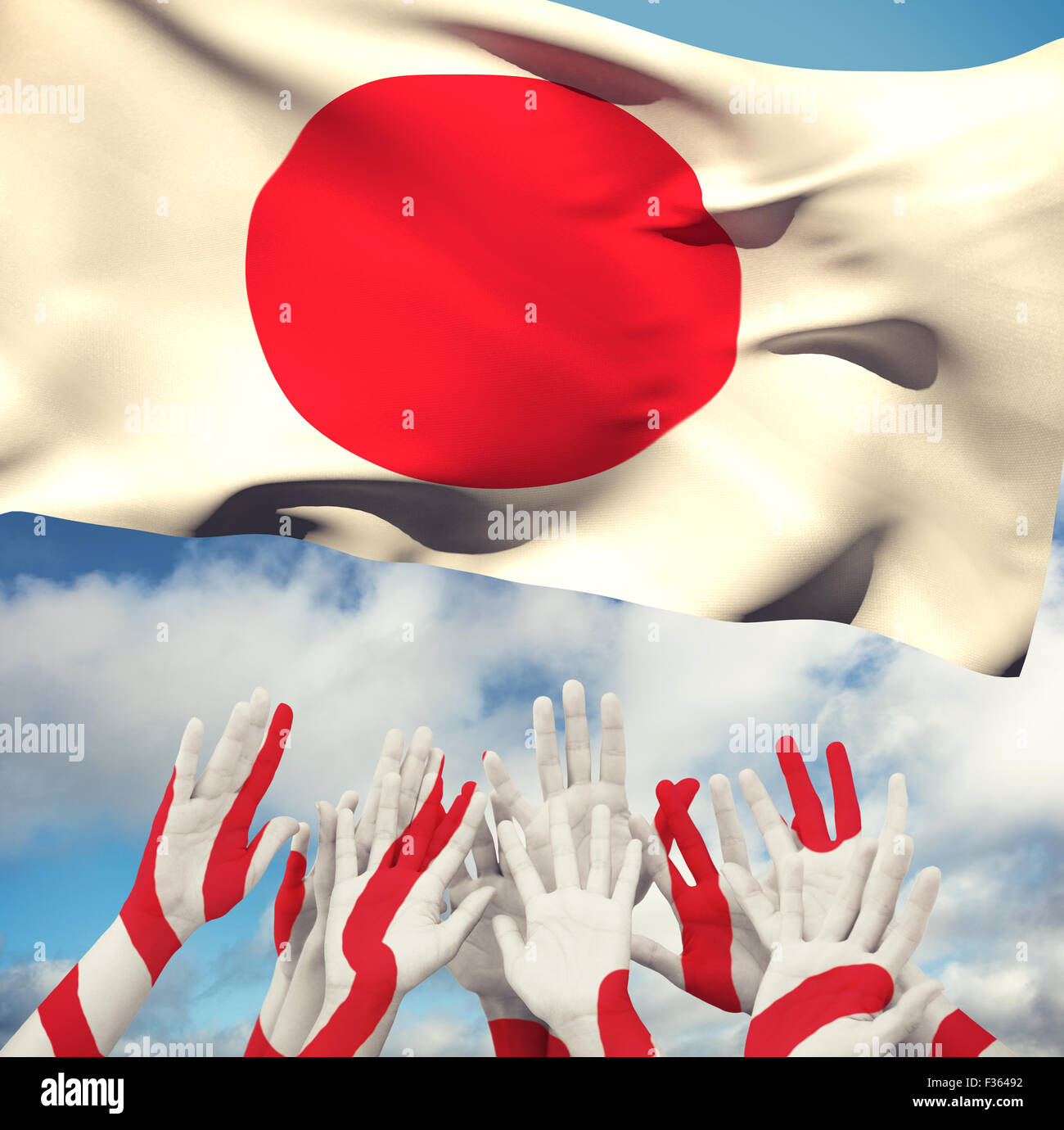 Composite image of people raising hands in the air Stock Photo - Alamy