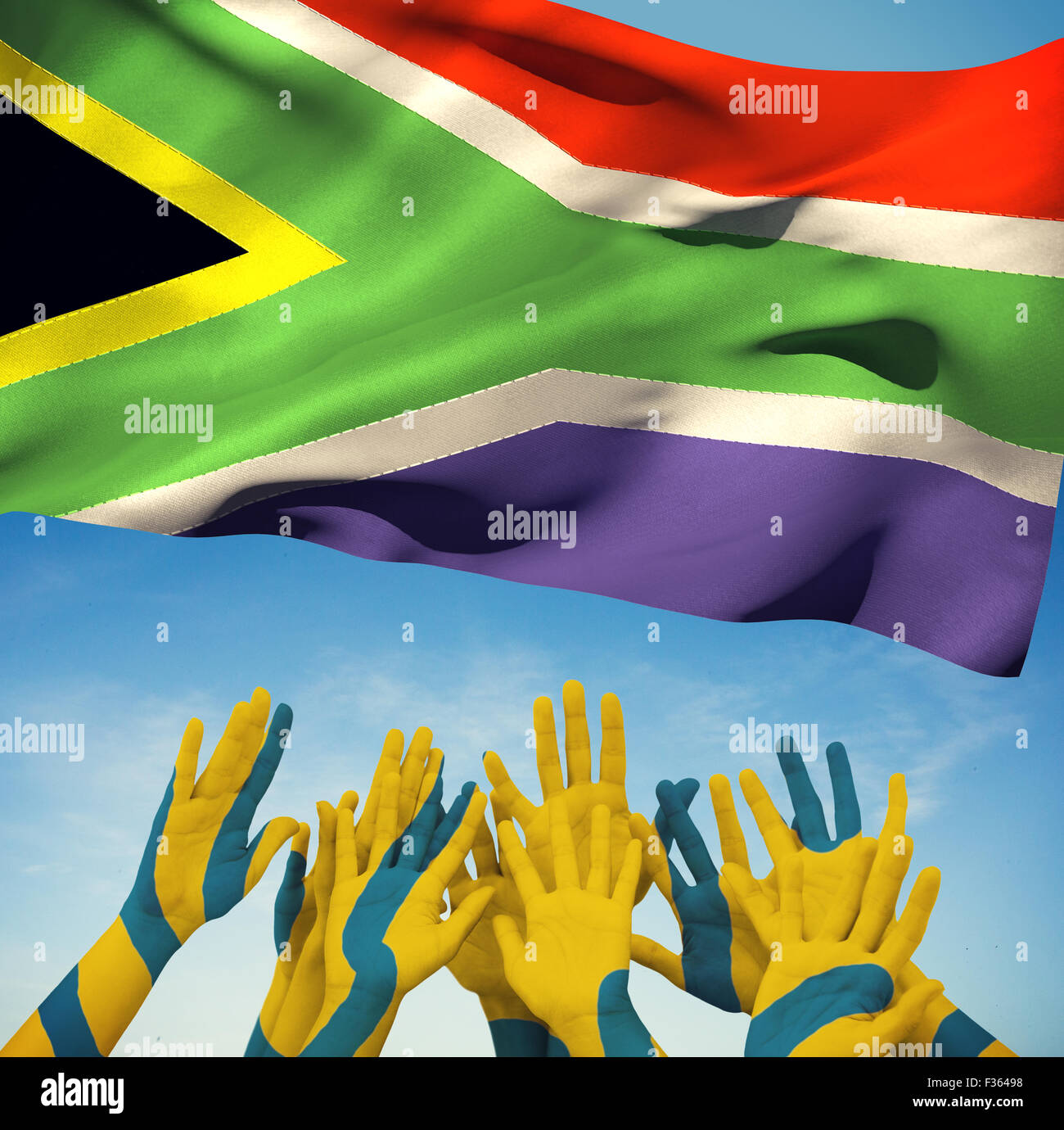 Composite image of people raising hands in the air Stock Photo - Alamy