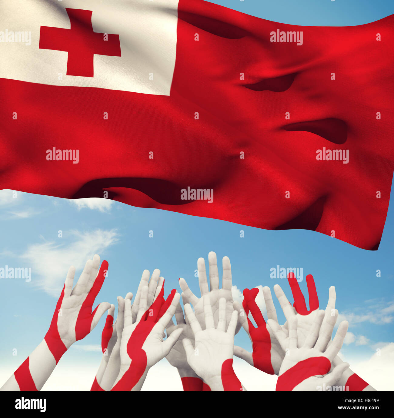 Composite image of people raising hands in the air Stock Photo - Alamy