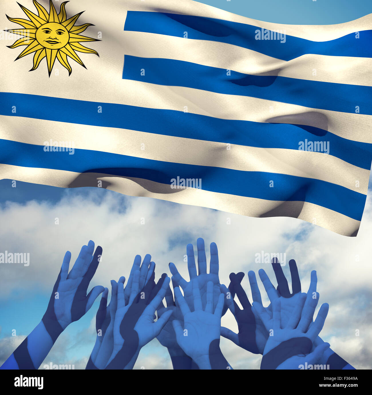 Composite image of people raising hands in the air Stock Photo - Alamy