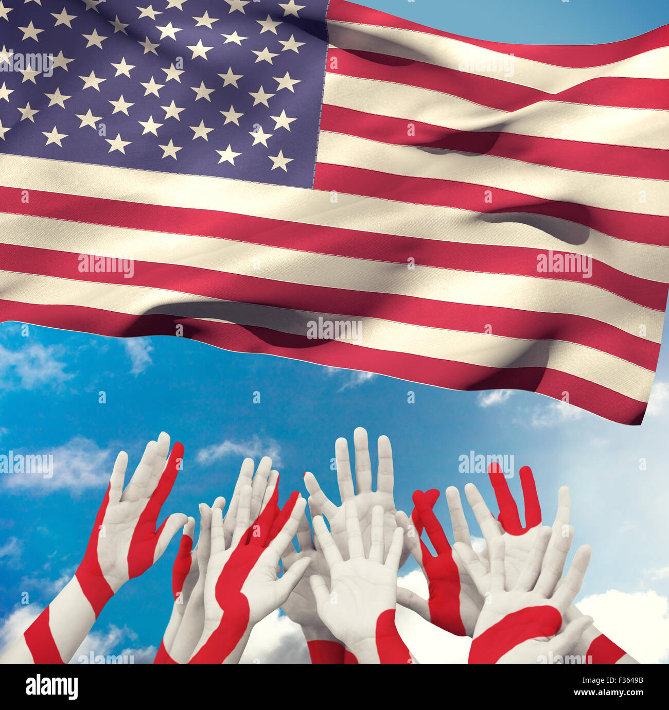 Composite image of people raising hands in the air Stock Photo - Alamy