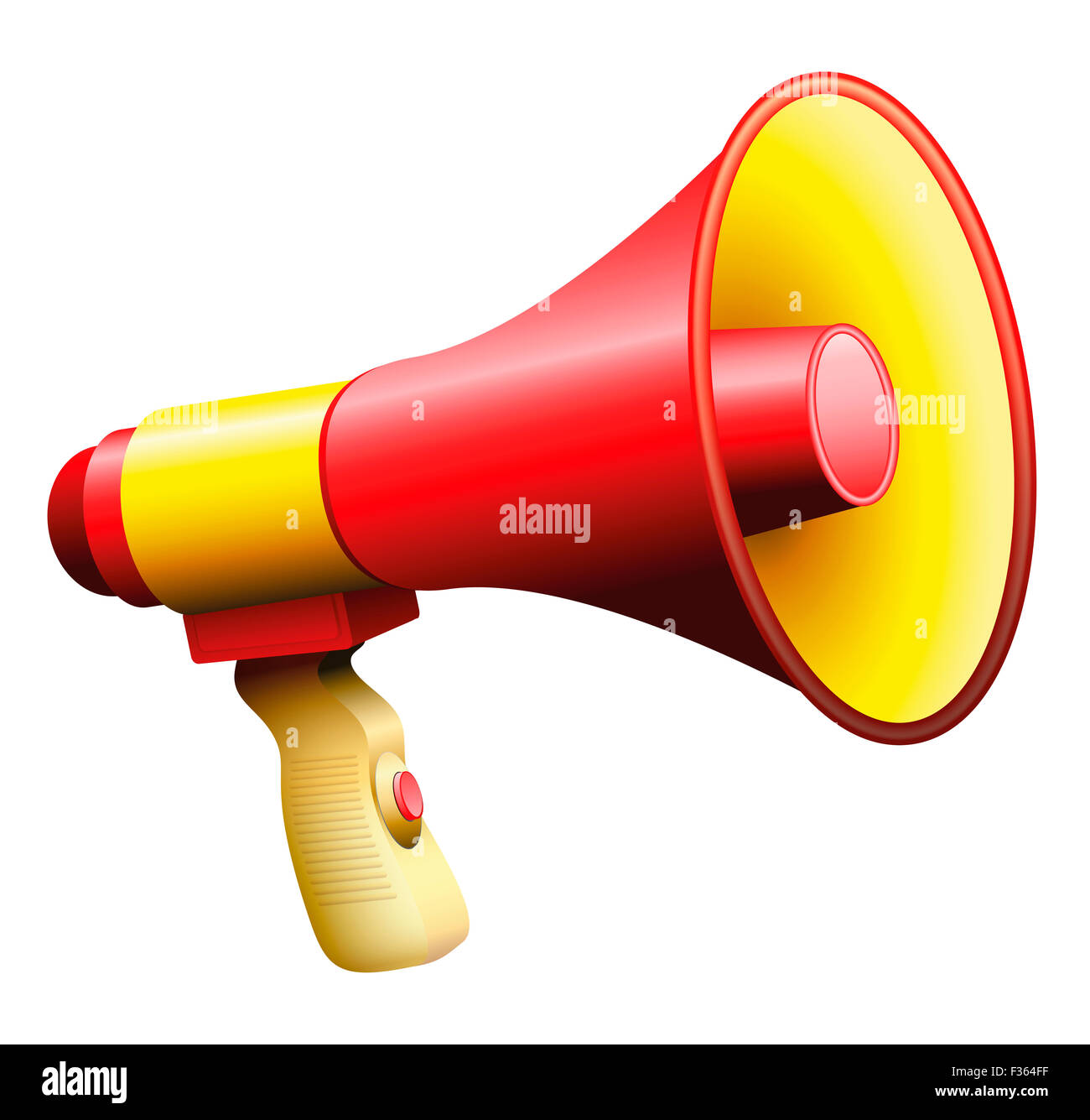 Bullhorn or megaphone, red and yellow, with handle and on button. Stock Photo