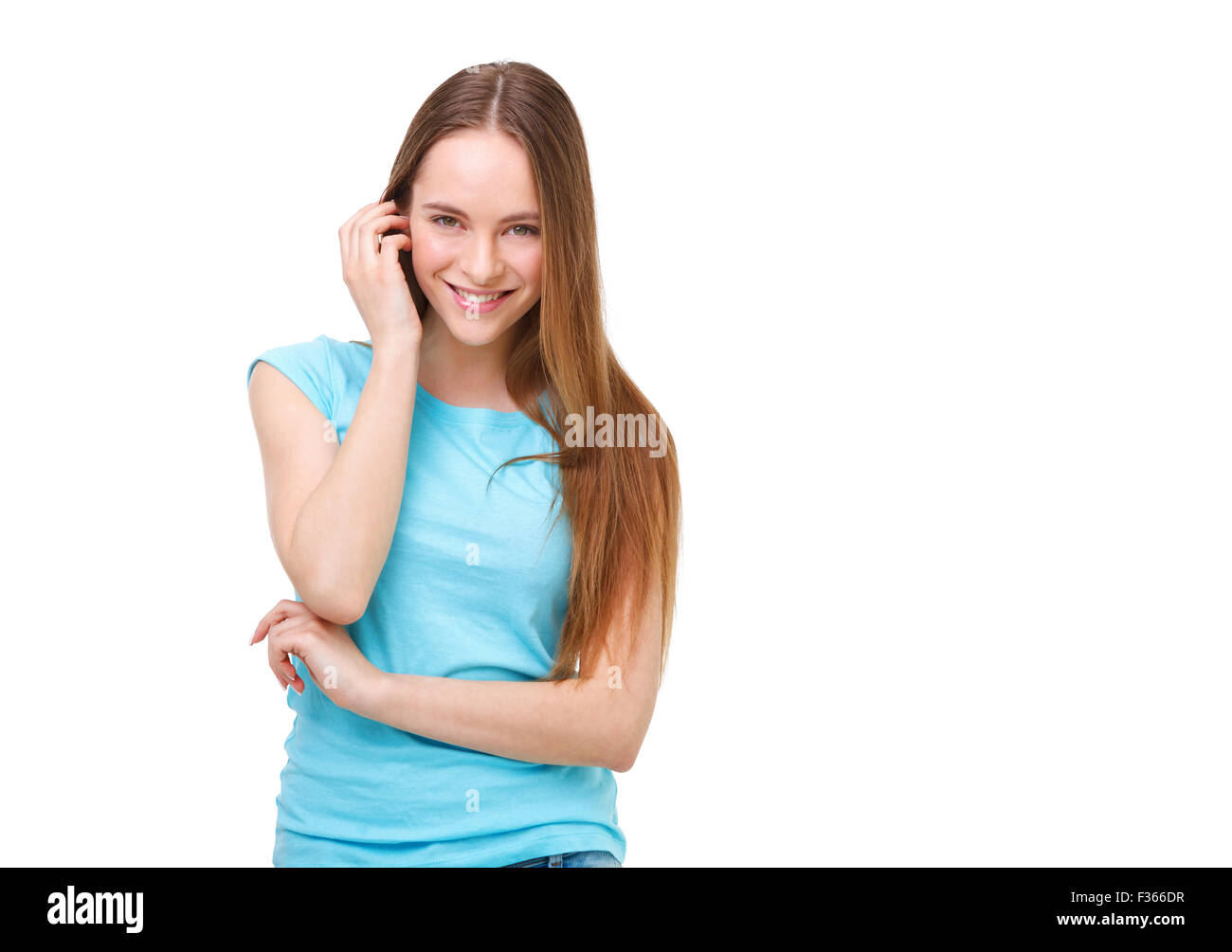 Smiling young woman studio shot isolated on white background Stock ...