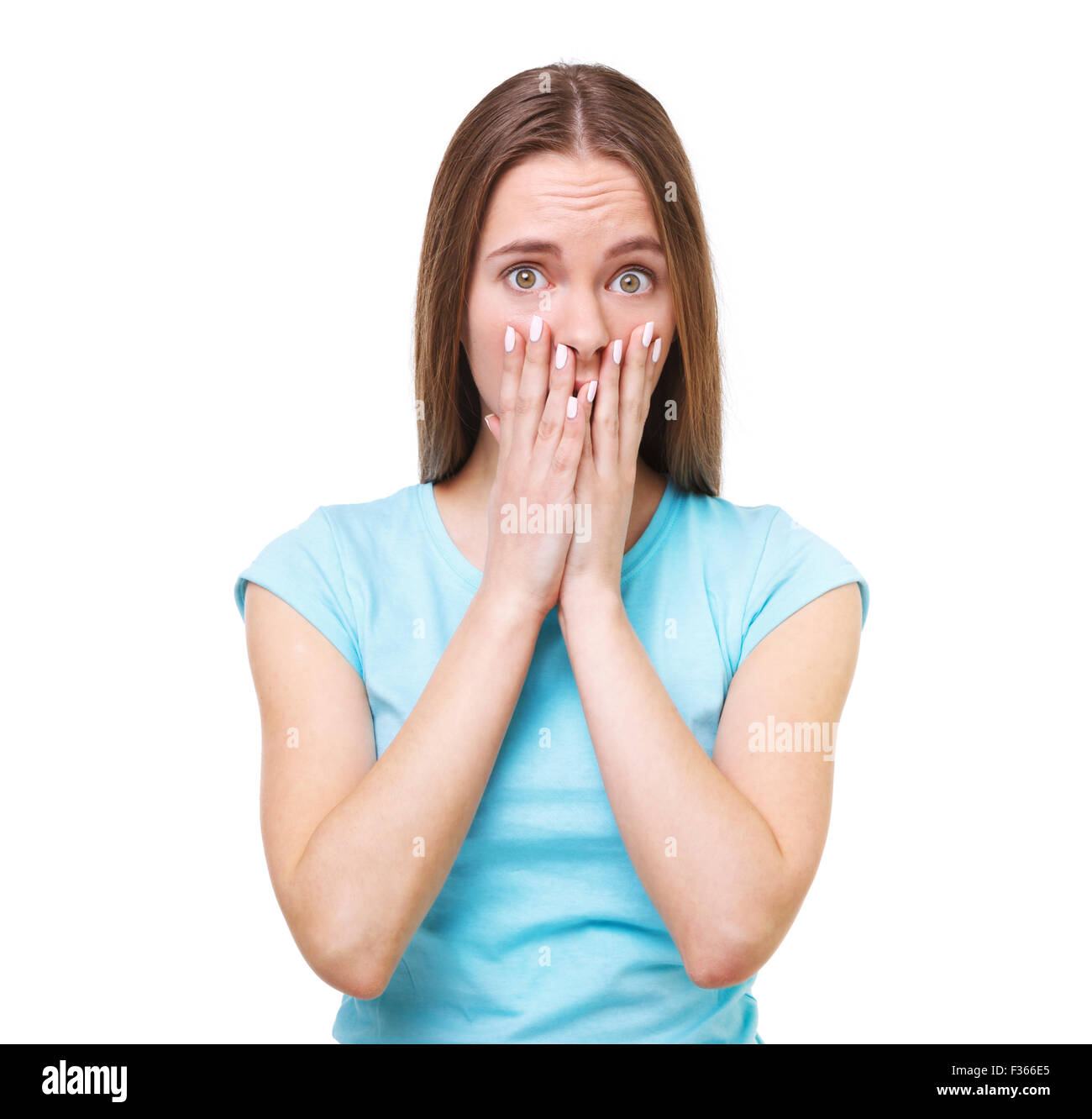 Portrait of young surprised woman isolated on white background Stock ...