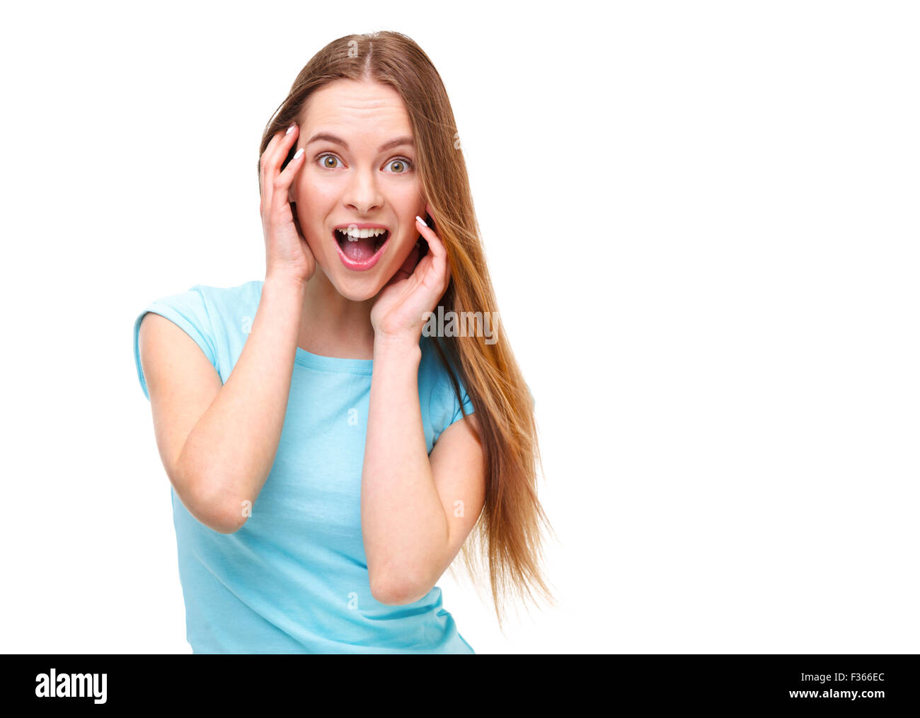 Smiling young woman studio shot isolated on white background Stock ...