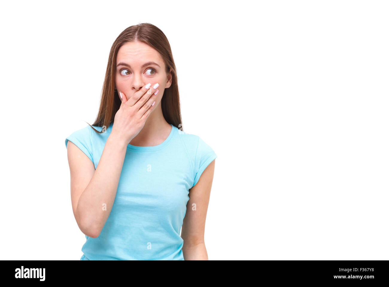 Portrait of young surprised woman isolated on white background Stock ...
