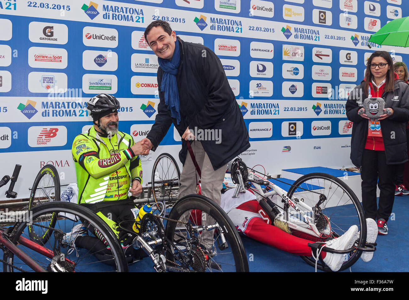 Rome, Italy - March 22, 2015: 21th Rome Marathon, the hand bike race was won by Italian Fabrizio Caselli. Stock Photo
