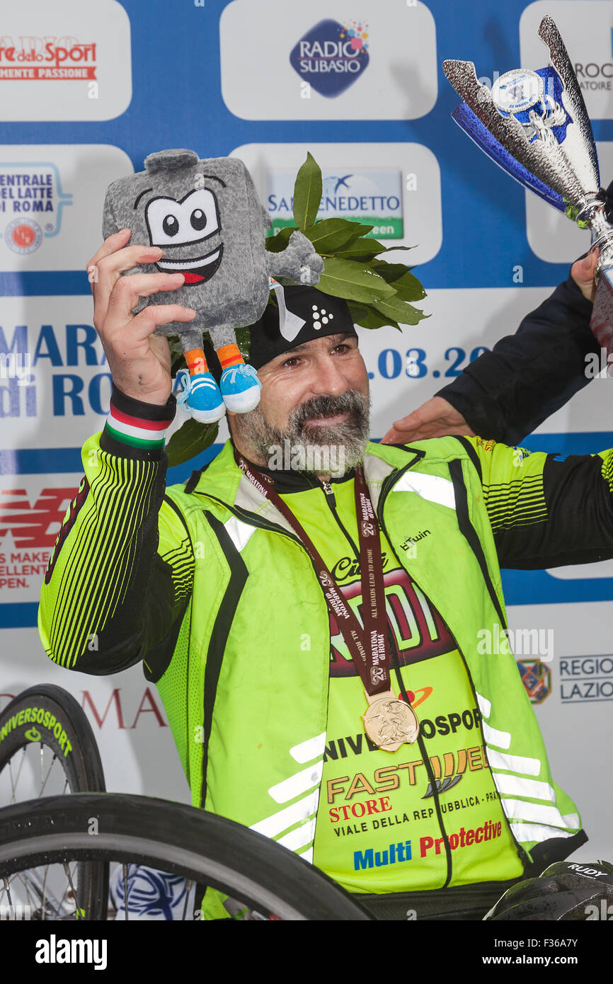 Rome, Italy - March 22, 2015: 21th Rome Marathon, the handbike race was won by Italian Fabrizio Caselli. Stock Photo
