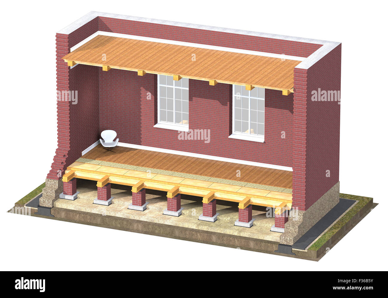 Cross section of brick house. 3D architectural visualization isolated on white Stock Photo