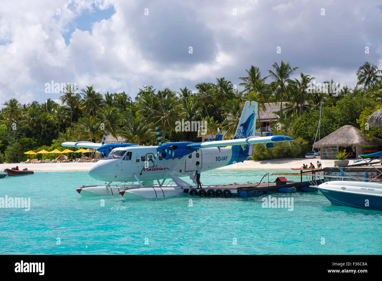A turbo propeller Seaplane getting ready to take off from the island