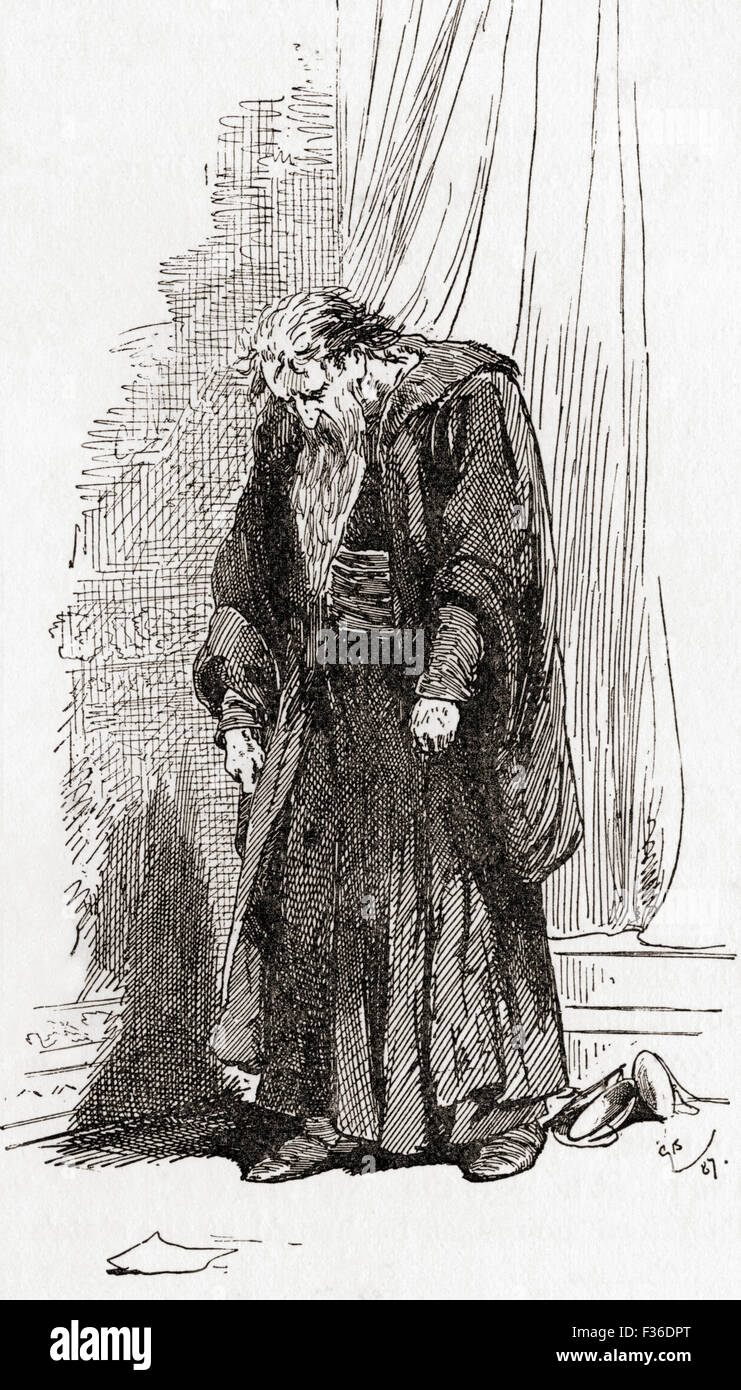 A scene from William Shakespeare's play Merchant of Venice, Act IV, scene 1.  Shylock:  'I pray you, give me leave to go from hence. I am not well.'   Illustration by Gordon Browne. Stock Photo