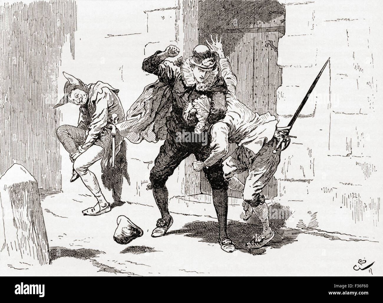 A scene from William Shakespeare's play Twelfth Night. Act IV, scene 1.  Sebastian (beating Sir Andrew):  ' Why, there's for thee, and there, and there!'  Illustration by Gordon Browne. Stock Photo