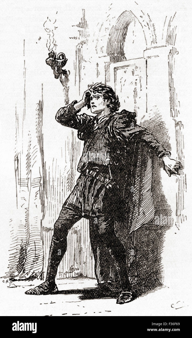 A scene from William Shakespeare's play Hamlet.  Act I, scene 5.  Hamlet: 'Remember thee! Ay, thou poor ghost, while memory holds a seat in this distracted globe.'  Illustration by Gordon Browne. Stock Photo
