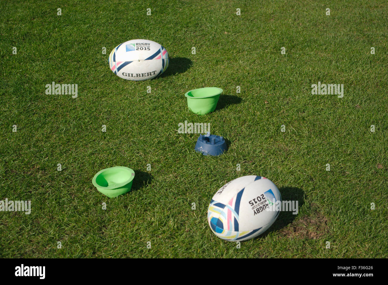 Gateshead, UK. 30 September, 2015. Rugby balls and kicking tees ready