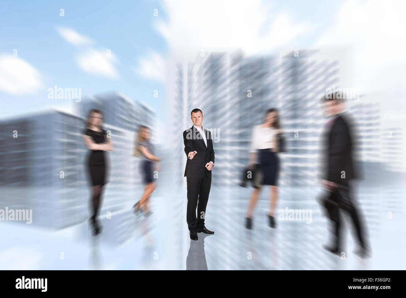 People is walking in defocused big city Stock Photo