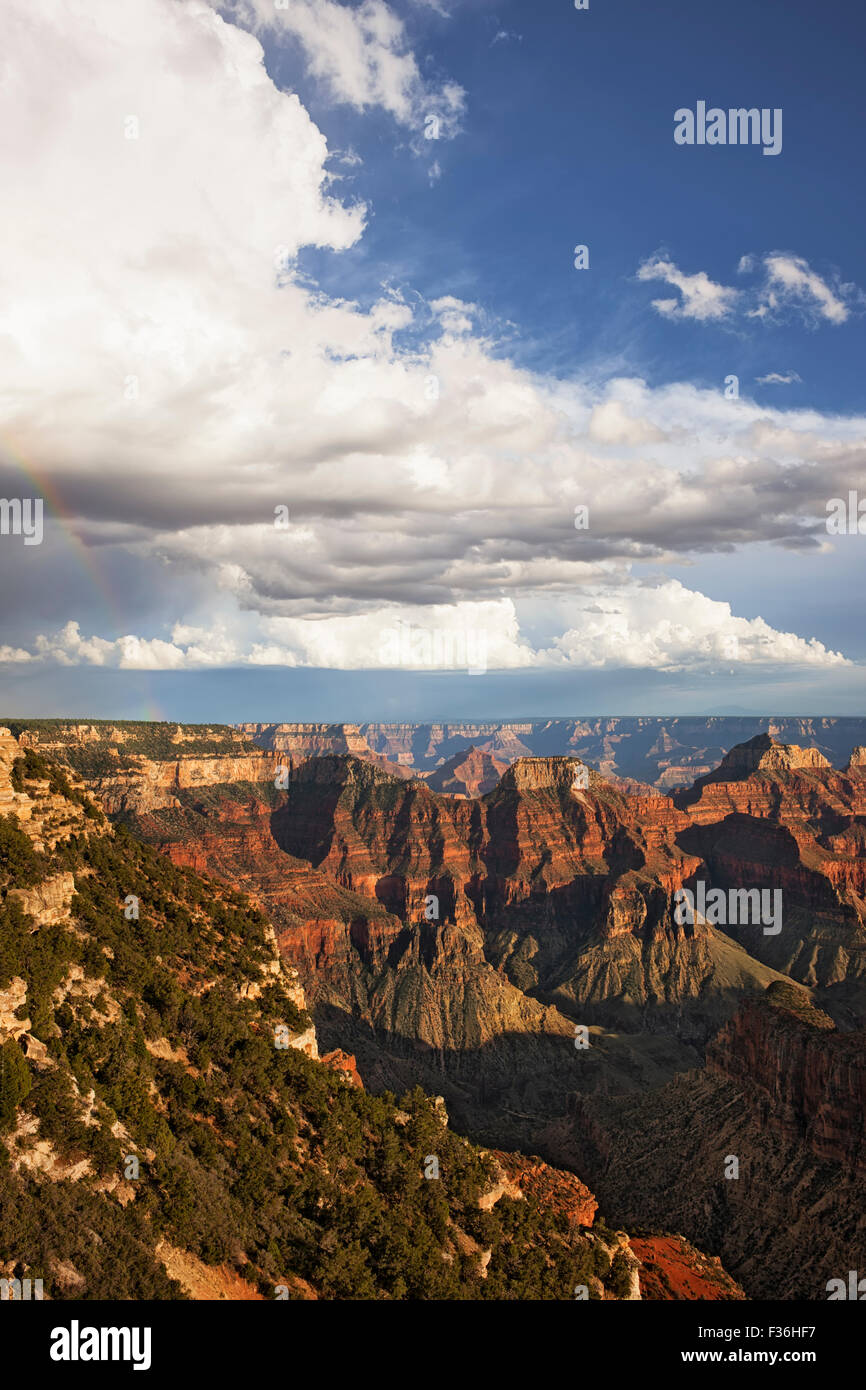 Passing showers and sun breaks create this rainbow over the North Rim
