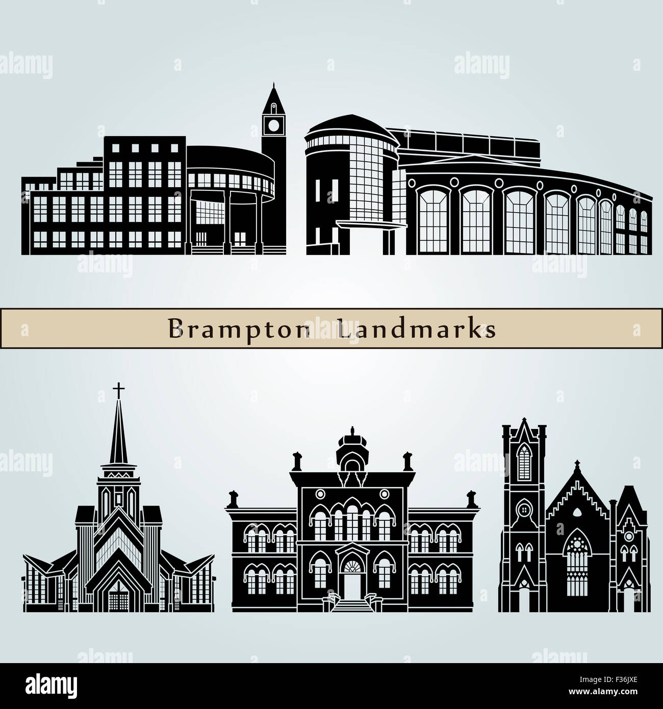Brampton landmarks and monuments isolated on blue background in editable vector file Stock Photo