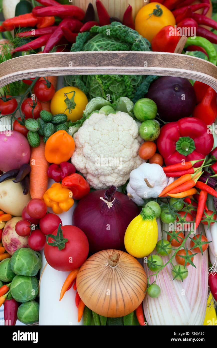 Vegetable trug displays at an Autumn Show. UK Stock Photo