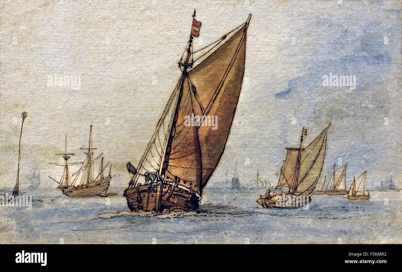Vessels in a Calm Sea with a Town on the Horizon 1605  Hendrik Avercamp 1612 1679 Dutch Netherlands Stock Photo