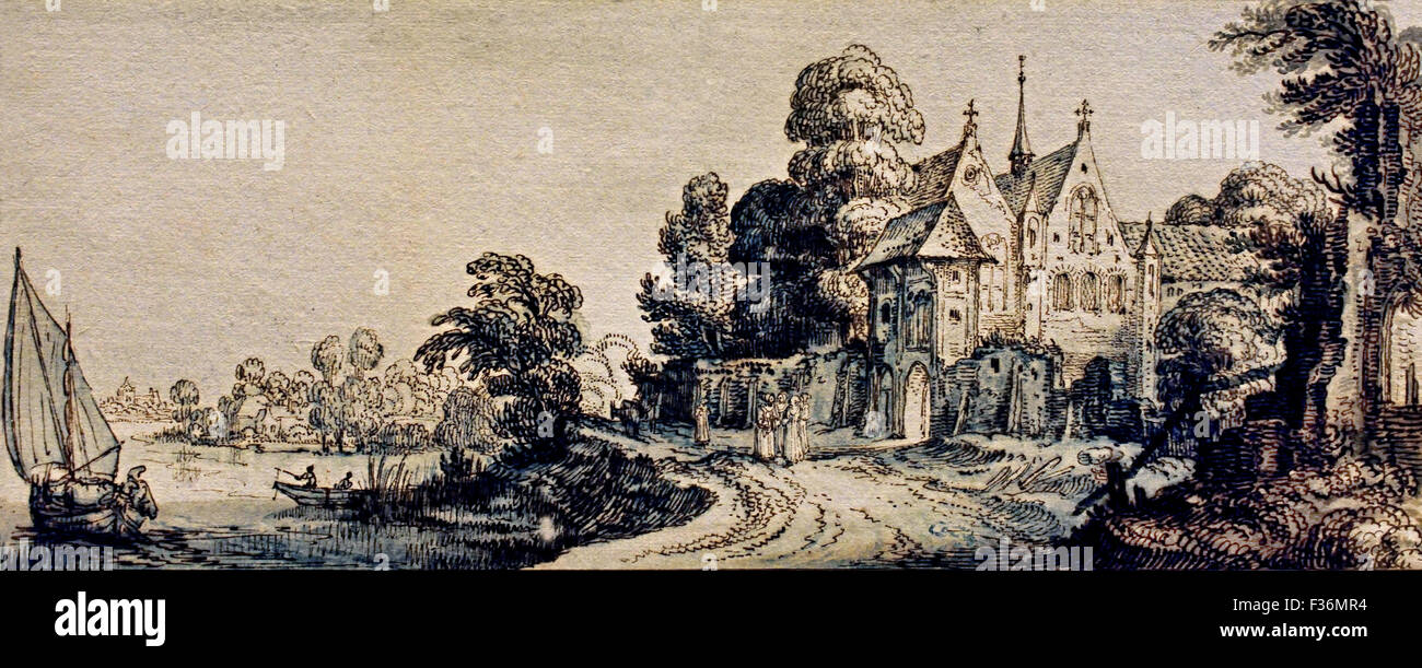 An Abbey or Plaque House by a River 1616 Jan van de Velde II 1593 - 1641 Dutch Netherlands Stock Photo