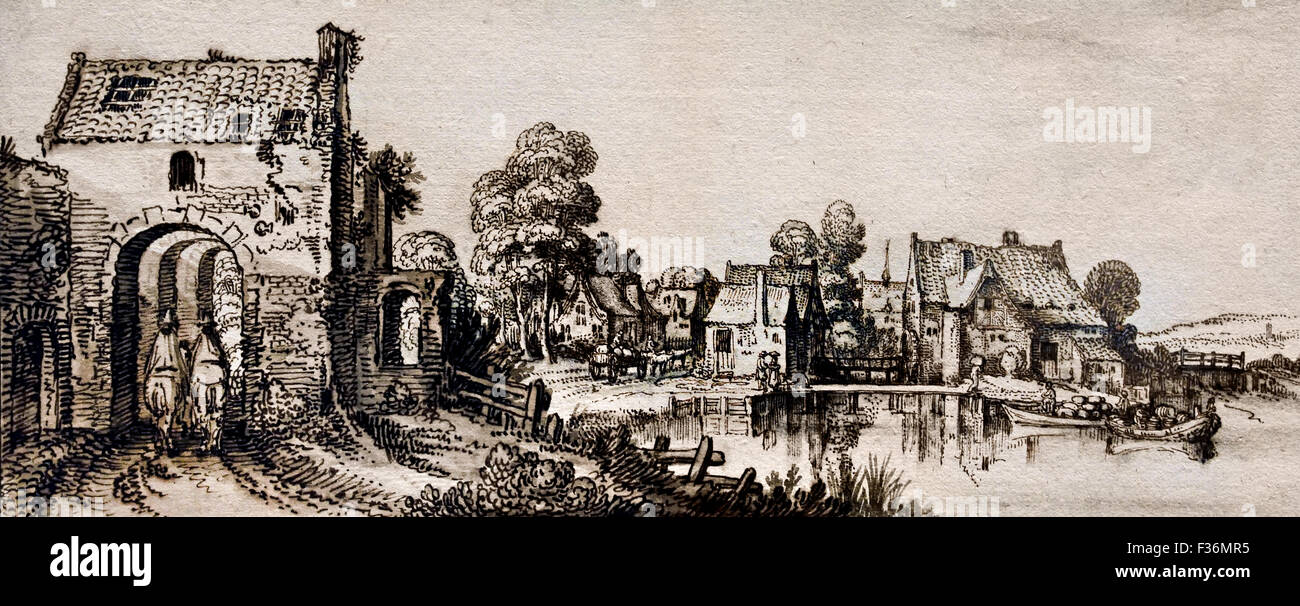 A view of a Village along a River 1616 Jan van de Velde II ( 1593-1741 ) Dutch Netherlands Stock Photo