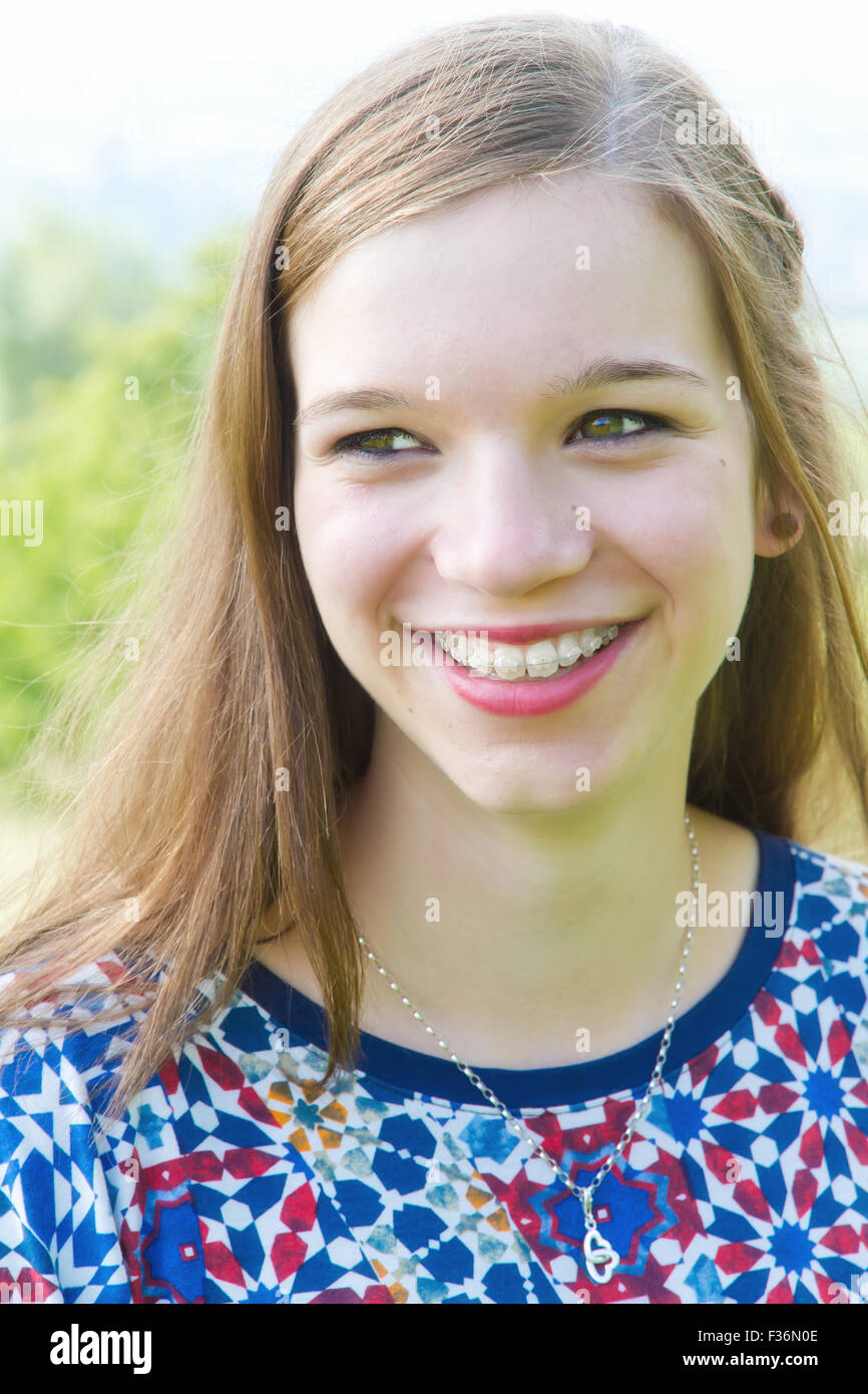 Portrait of a happy girl with braces Stock Photo