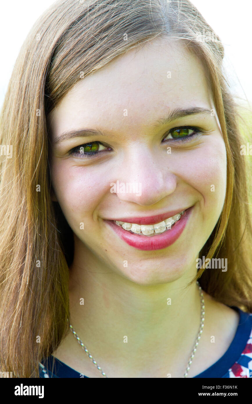 Portrait of a happy teenager with braces Stock Photo