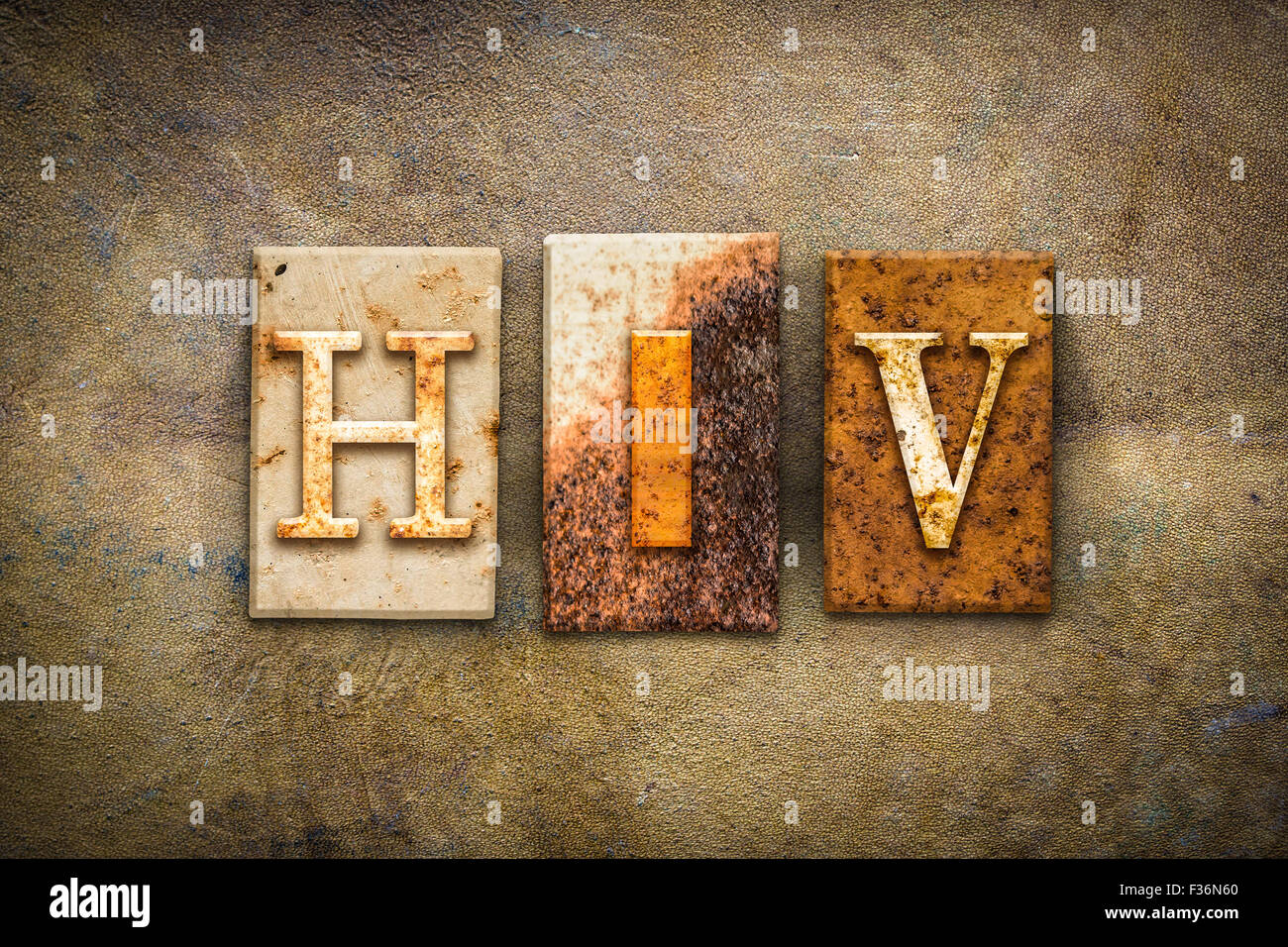 The word "HIV " written in rusty metal letterpress type on an old aged