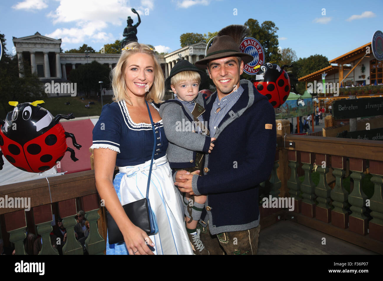 Munich Germany 30th September 2015 Philipp Lahm Of Fc Bayern Muenchen Attends With His Wife Claudia Lahm And His Son Julian Lahm The Oktoberfest 2015 Beerfestival At Kaefer Wiesenschaenke At Theresienwiese On