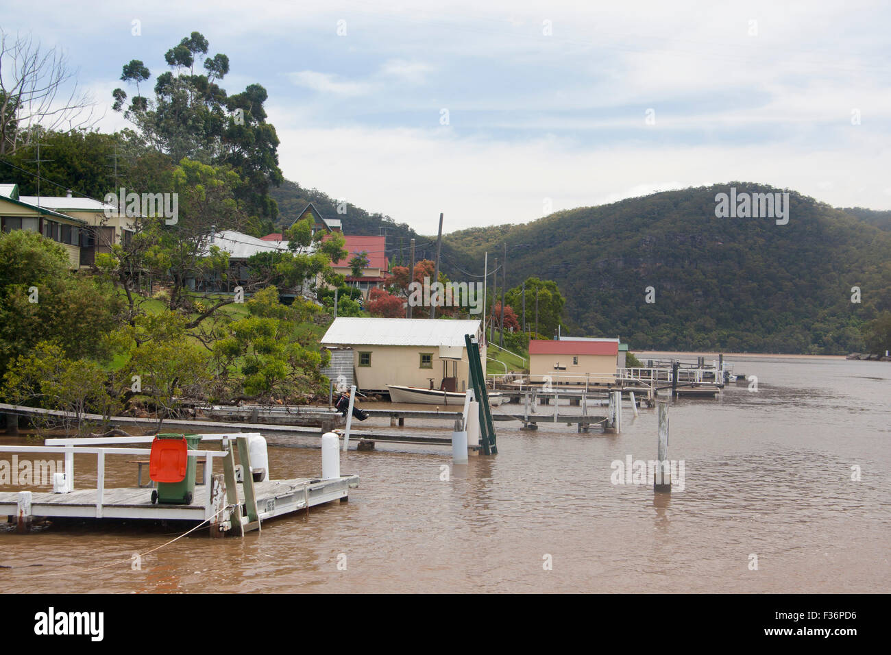 Jetties landing stages on Hawkesbury River New South Wales Australia Stock Photo