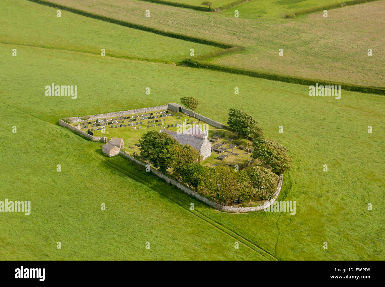 Aerial view of Llanfaglan church a typical ancient Welsh llan, or
