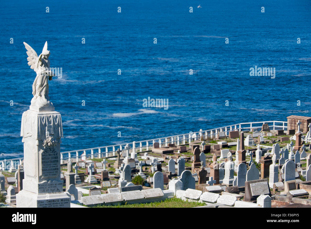 Waverley Cemetery Angel on tombstone with Tasman Sea Pacific Ocean in background Sydney New South Wales NSW Australia Stock Photo