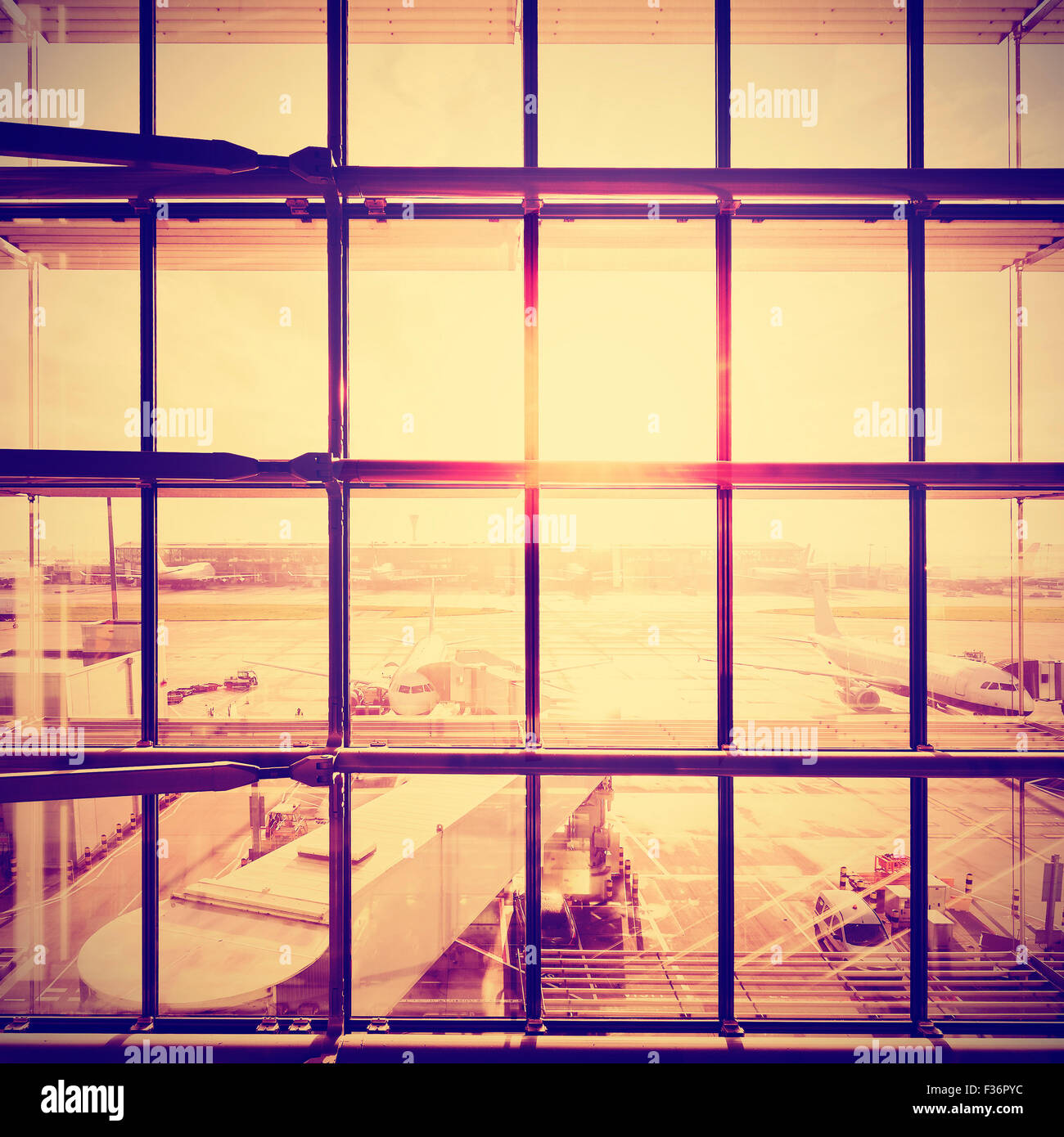 Instagram stylized picture of an airport, transportation and business travel concept. Stock Photo