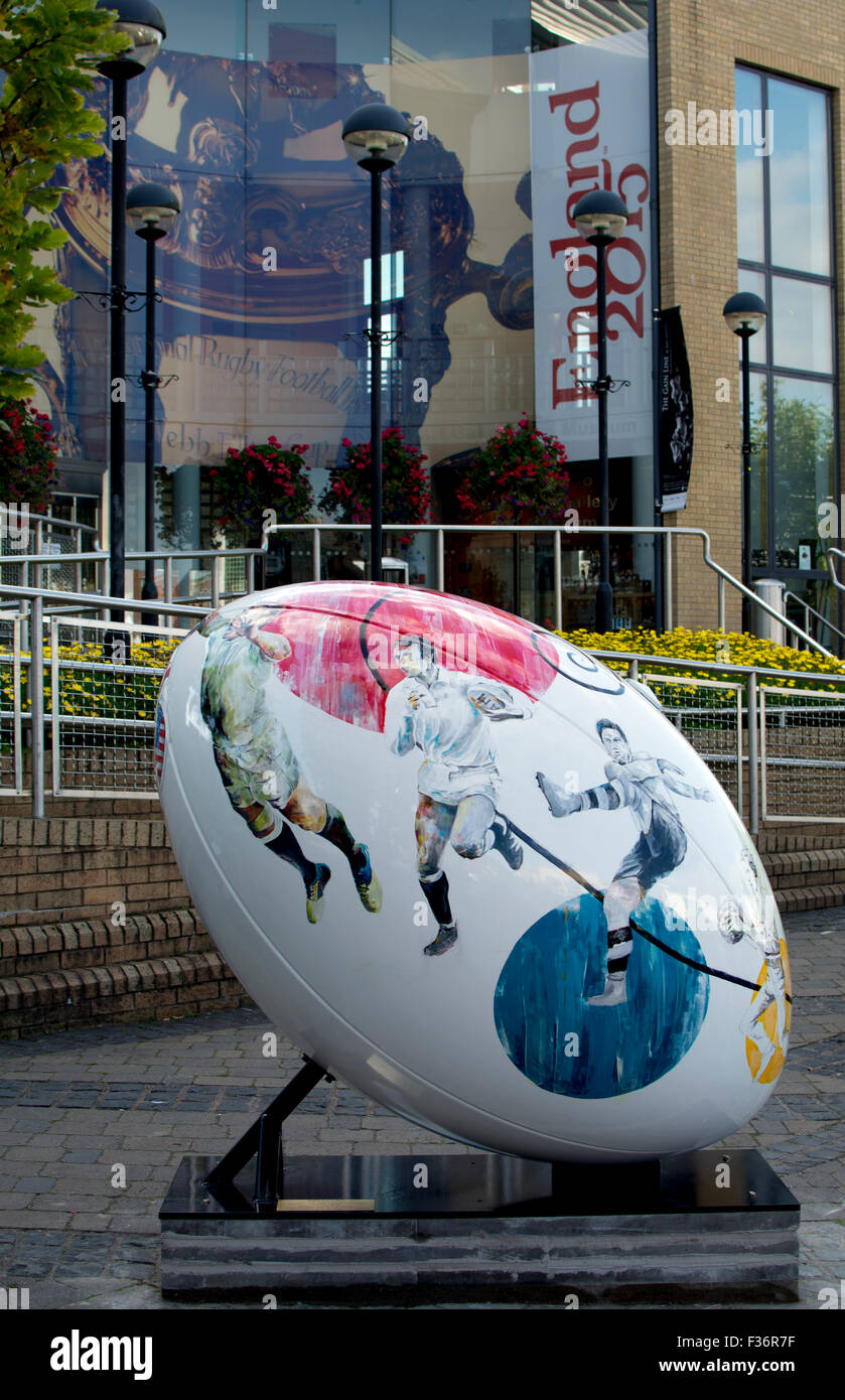 Rugby, Warwickshire, England, UK. 30th September 2015. A giant Rugby ball rests outside the town`s Museum and Art Gallery. As part of the town of Rugby`s celebration of the 2015 Rugby World Cup, five giant Rugby balls have been placed in prominent locations around the town. The display is aptly titled 'Rugby`s Got Balls'. Credit:  Colin Underhill/Alamy Live News Stock Photo