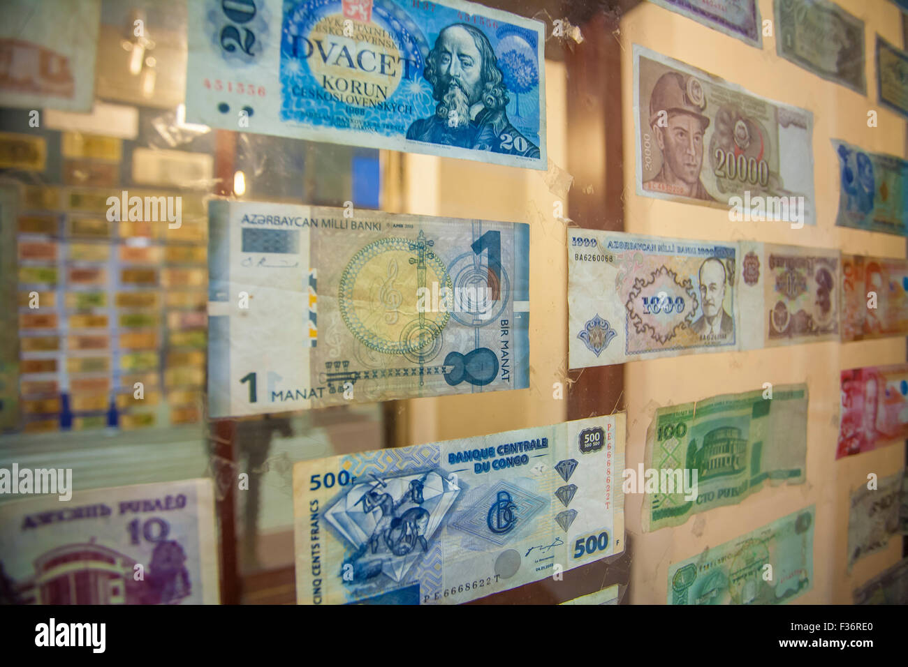 Old paper bills in the window of Currency Exchange Box in Prague, Czech republic Stock Photo Alamy