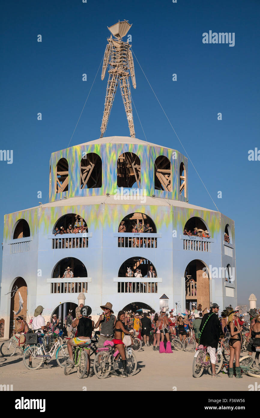 Burners gather in the playa during the annual Burning Man festival in the desert August 30, 2012 in Black Rock City, Nevada. Stock Photo
