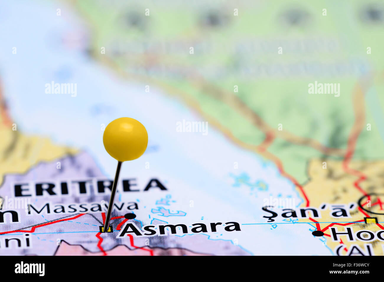 Asmara pinned on a map of Asia Stock Photo