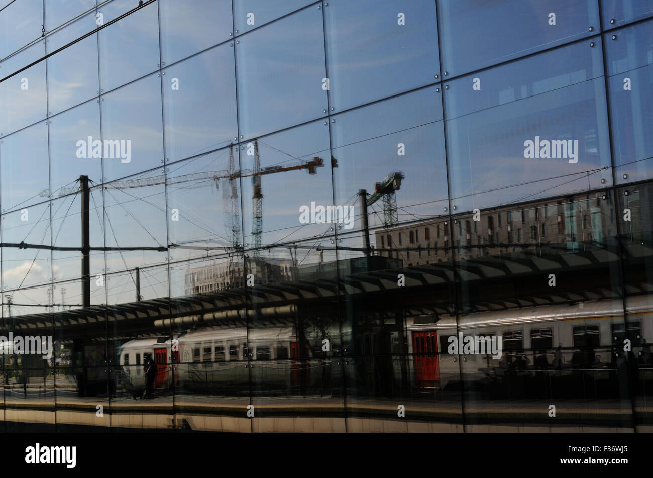 Reflections at the railway station in Bruges, West-Vlaanderen, Belgium Stock Photo