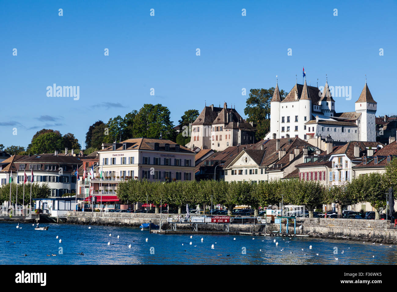 Waterfront view of the town of Nyon on Lake Geneva, Switzerland Stock Photo