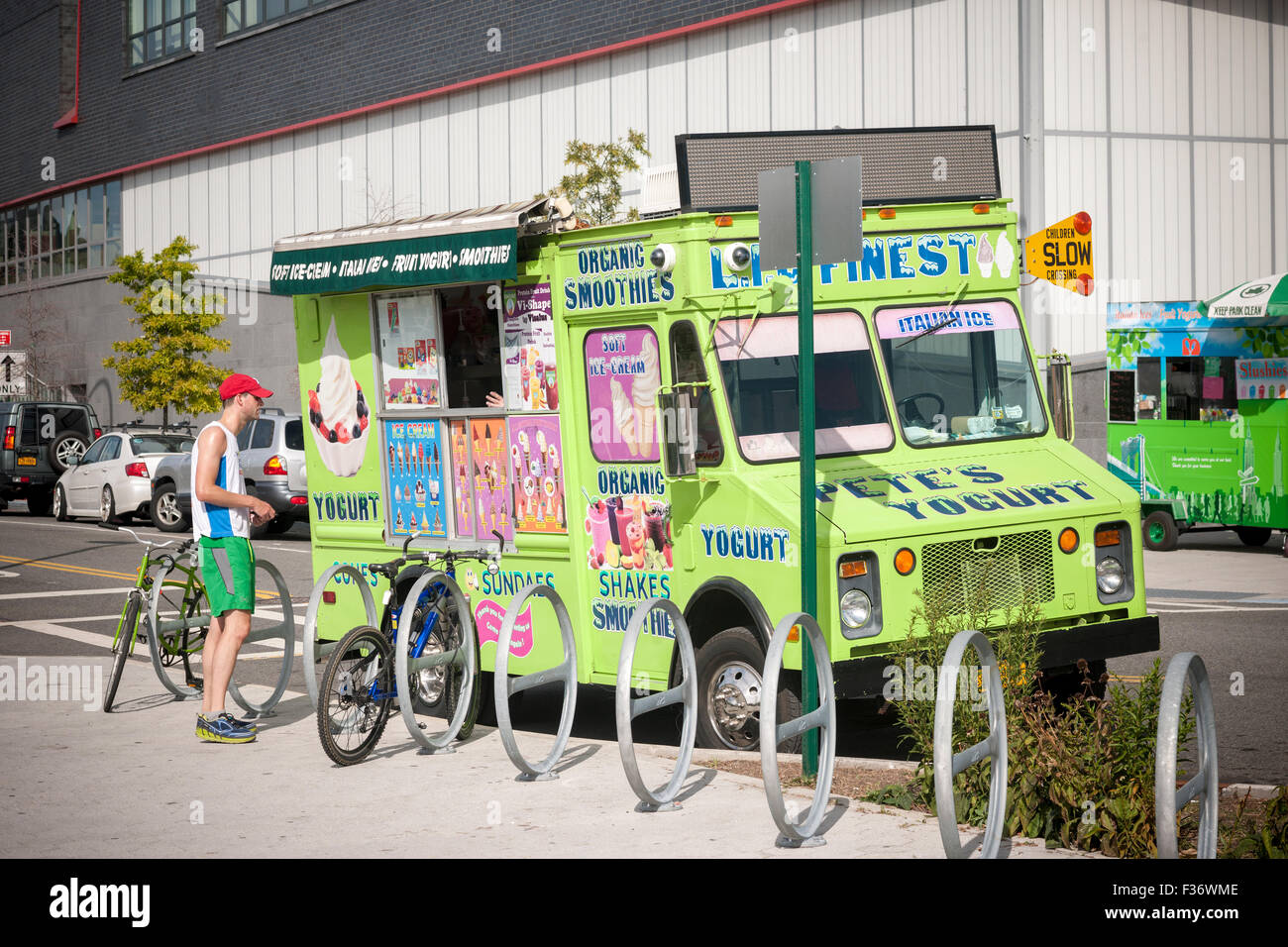 An organic frozen yogurt truck parked in the Long Island City