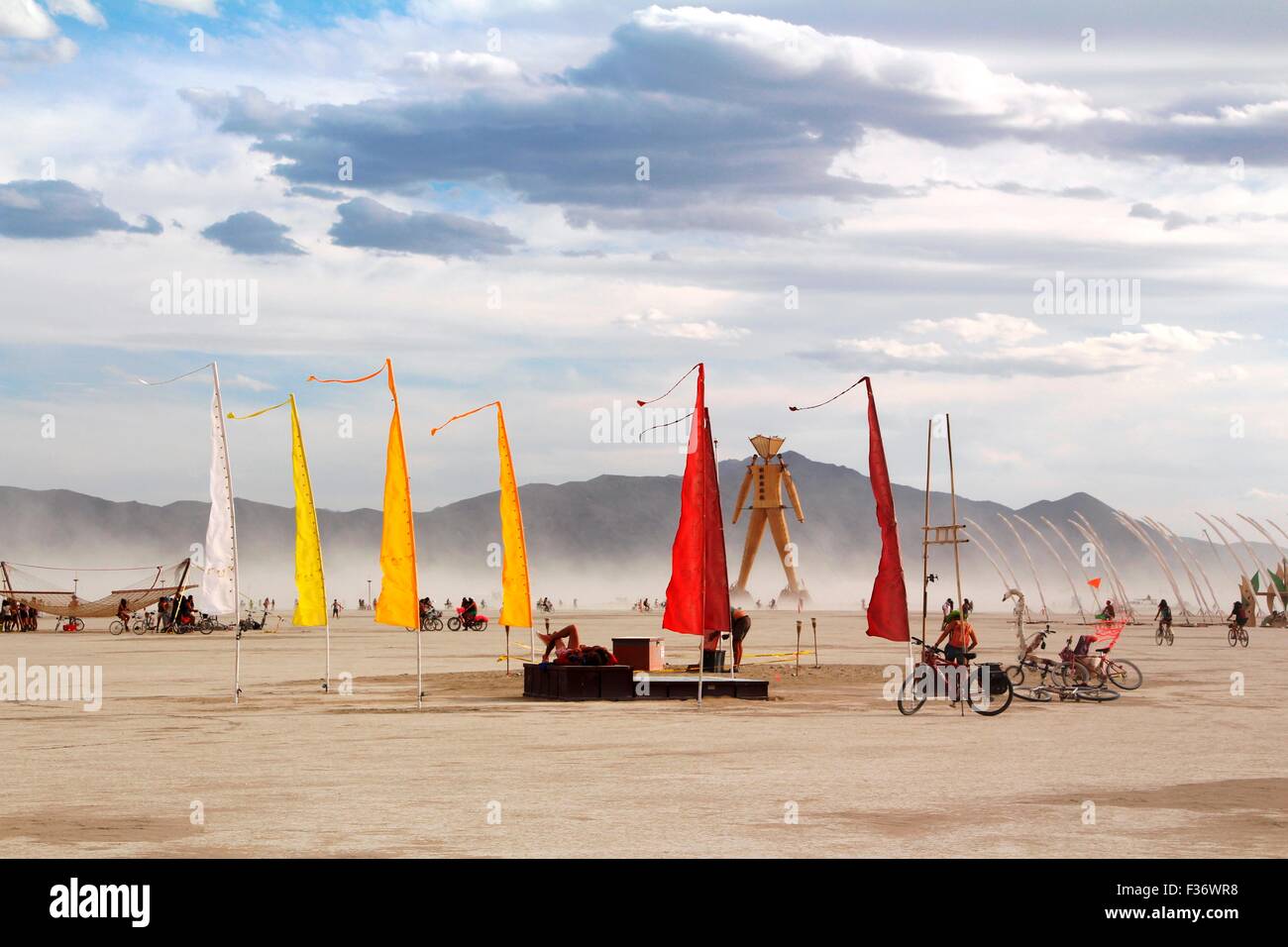 View of the playa during the annual Burning Man festival in the desert August 30, 2014 in Black Rock City, Nevada. Stock Photo