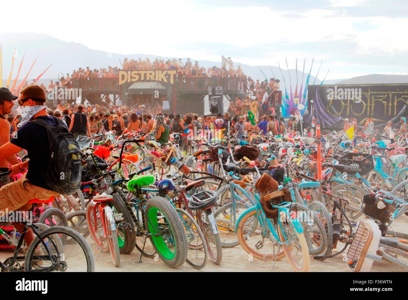 Hundreds of bicycles parked in the playa during the annual Burning Man festival in the desert August 30, 2014 in Black Rock City, Nevada. Stock Photo