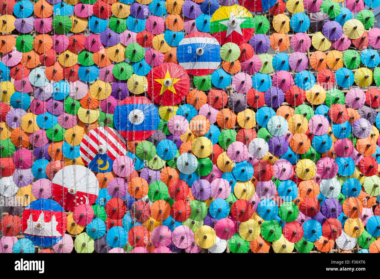 Scores of colourful umbrellas at the umbrella festival in Bo Sang, Thailand Stock Photo
