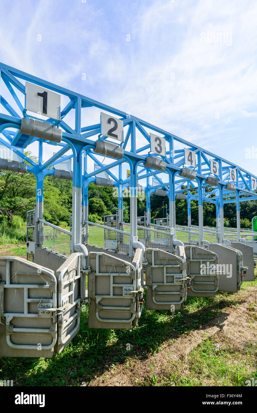 front view of start gates for horse races Stock Photo