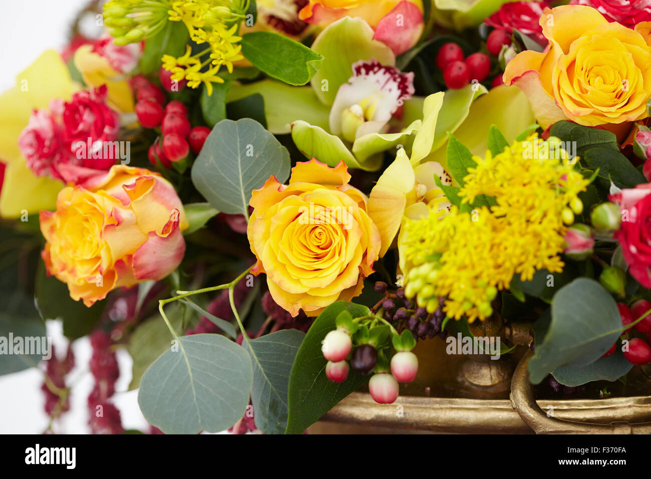 beautiful bouquet of red, yellow, white flowers closeup Stock Photo
