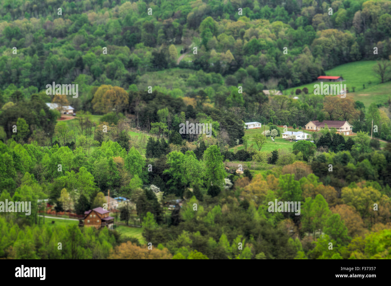 Aerial View of a small town in the Great Smoky Mountains in Tennessee Stock Photo