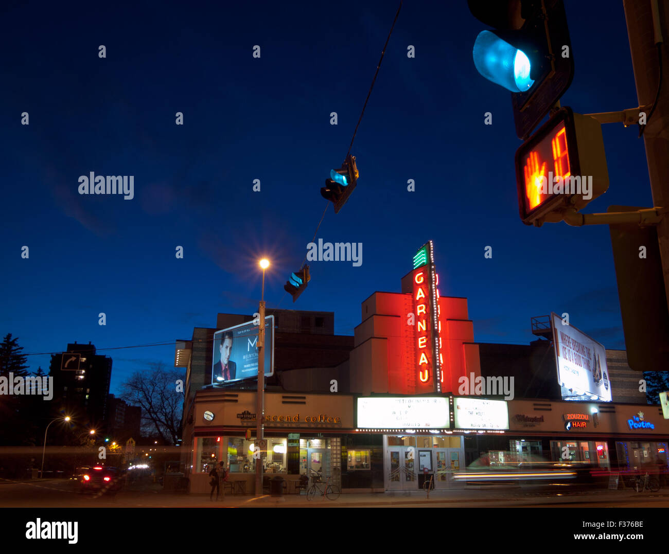 A night view of the historic Garneau Theatre in the Garneau